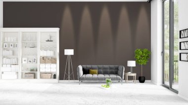 Modaya uygun ve modern gri kanepe beyaz raf ile yeni iç ile sahne. 3D render. Yatay düzenleme.