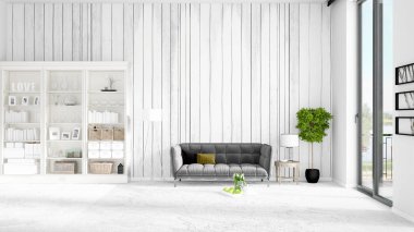 Modaya uygun ve modern gri kanepe beyaz raf ile yeni iç ile sahne. 3D render. Yatay düzenleme.