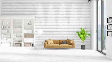 Modaya uygun ve modern yatak beyaz raf ile yeni iç ile sahne. 3D render. Yatay düzenleme.