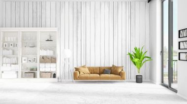 Modaya uygun ve modern yatak beyaz raf ile yeni iç ile sahne. 3D render. Yatay düzenleme.