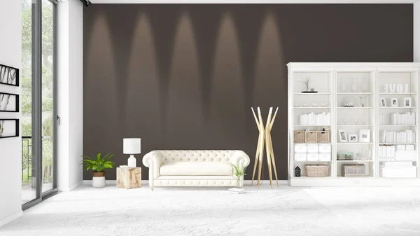 Сучасний інтер'єр лофт в моді з білим диваном і копійкою в горизонтальному розташуванні. 3D візуалізація . — стокове фото