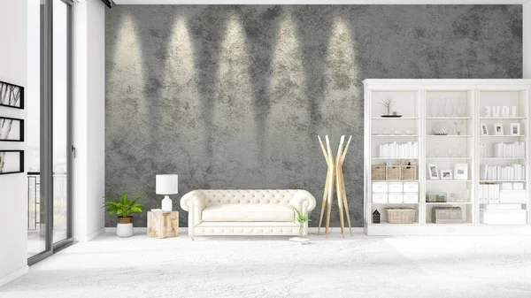Interior loft moderno em voga com sofá branco e copyspace em arranjo horizontal. Renderização 3D . — Fotografia de Stock
