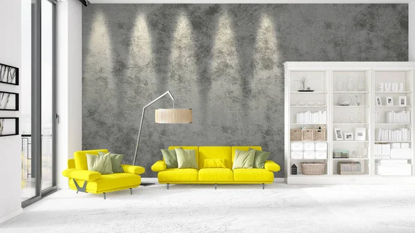 Szene mit brandneuem Interieur im Trend mit weißem Regal und gelbem Sofa. 3D-Darstellung. horizontale Anordnung. — Stockfoto