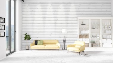 Modaya uygun beyaz raf ve sarı kanepe ile yeni iç ile sahne. 3D render. Yatay düzenleme.