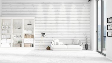 Modern iç beyaz kanepe ve boşaltmak yatay düzenleme ile modaya uygun. 3D render.