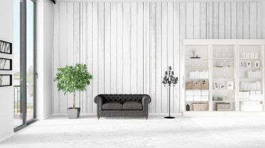 Modern iç moda siyah deri kanepe ve yatay düzenleme boşaltmak. 3D render.