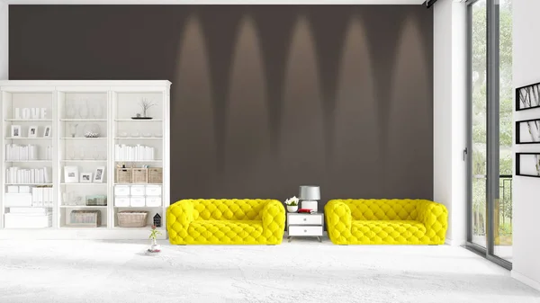 Сцена з абсолютно новим інтер'єром в моді з білою стійкою і жовтим диваном. 3D візуалізація. Горизонтальне розташування . — стокове фото