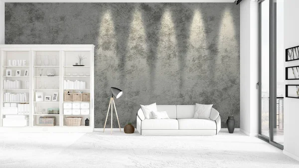 Nowoczesne wnętrze w modzie z białej kanapie i lato w poziomy układ. renderowania 3D. — Zdjęcie stockowe