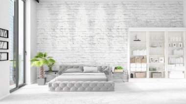 Beyaz raf ve modern yatak ile yeni iç ile sahne. 3D çizim ve 3d render. Yatay düzenleme.