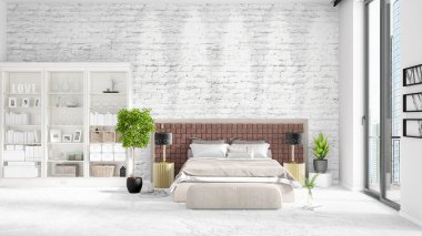 Beyaz raf ve modern yatak ile yeni iç ile sahne. 3D çizim ve 3d render. Yatay düzenleme.