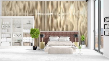 Beyaz raf ve modern yatak ile yeni iç ile sahne. 3D çizim ve 3d render. Yatay düzenleme.