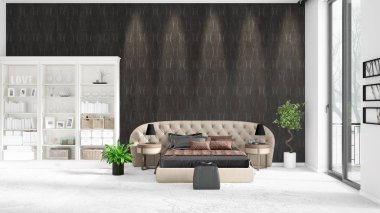 Beyaz raf ve modern yatak ile yeni iç ile sahne. 3D çizim ve 3d render. Yatay düzenleme.