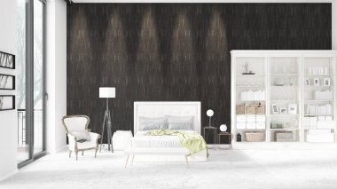 Beyaz raf ve modern yatak ile yeni iç ile sahne. 3D render, 3d çizim. Yatay düzenleme.