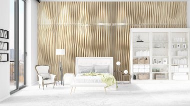 Beyaz raf ve modern yatak ile yeni iç ile sahne. 3D render, 3d çizim. Yatay düzenleme.