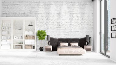 Beyaz raf ve modern yatak ile yeni iç ile sahne. 3D render, 3d çizim. Yatay düzenleme.