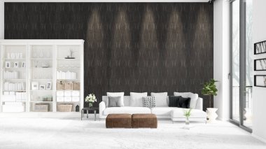 Modern çatı iç beyaz kanepe ve boşaltmak yatay düzenleme ile modaya uygun. 3D render.