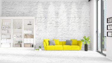 Sahne iç beyaz raf ve sarı kanepe ile modaya uygun. 3D render, 3d çizim. Yatay düzenleme.