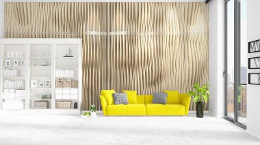 Sahne iç beyaz raf ve sarı kanepe ile modaya uygun. 3D render, 3d çizim. Yatay düzenleme.
