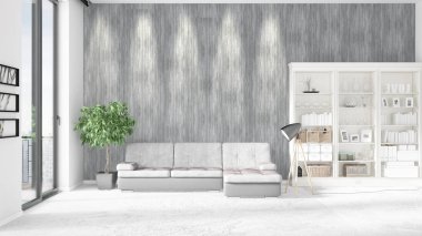 Modern iç beyaz kanepe ve boşaltmak yatay düzenleme ile modaya uygun. 3D render.