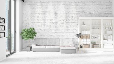 Modern iç beyaz kanepe ve boşaltmak yatay düzenleme ile modaya uygun. 3D render.