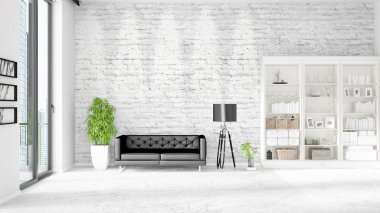 Modern iç moda siyah deri kanepe ve yatay düzenleme boşaltmak. 3D render.