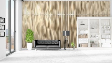 Modern iç moda siyah deri kanepe ve yatay düzenleme boşaltmak. 3D render.