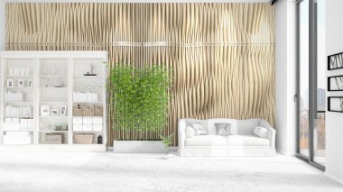 Modern iç beyaz kanepe ve boşaltmak yatay düzenleme ile modaya uygun. 3D render.