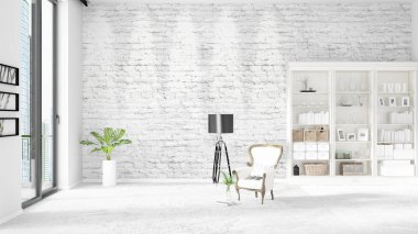 Modaya uygun ve modern yatak beyaz raf ile yeni iç ile sahne. 3D render. Yatay düzenleme.