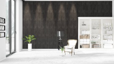 Modaya uygun ve modern yatak beyaz raf ile yeni iç ile sahne. 3D render. Yatay düzenleme.