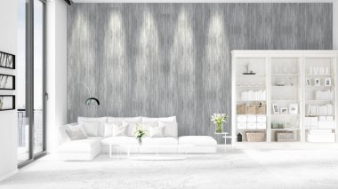 Modern çatı iç beyaz kanepe ve boşaltmak yatay düzenleme ile modaya uygun. 3D render.