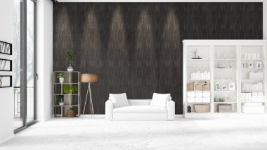 Modern çatı iç beyaz kanepe ve boşaltmak yatay düzenleme ile modaya uygun. 3D render.