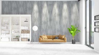 Modaya uygun ve modern yatak beyaz raf ile yeni iç ile sahne. 3D render. Yatay düzenleme.