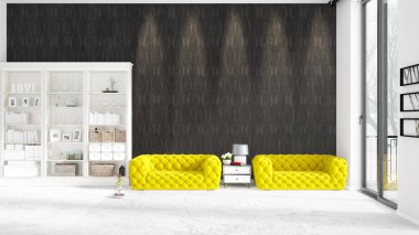 Sahne iç beyaz raf ve sarı kanepe ile modaya uygun. 3D render, 3d çizim. Yatay düzenleme.