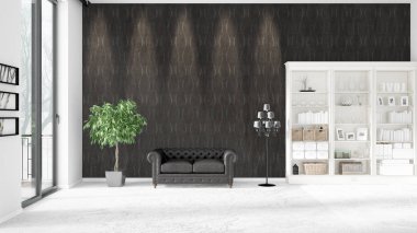 Modern iç moda siyah deri kanepe ve yatay düzenleme boşaltmak. 3D render.