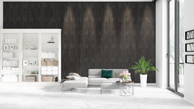 Modaya uygun ve modern gri kanepe beyaz raf ile yeni iç ile sahne. 3D render. Yatay düzenleme.