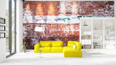 Sahne iç beyaz raf ve sarı kanepe ile modaya uygun. 3D render, 3d çizim. Yatay düzenleme.