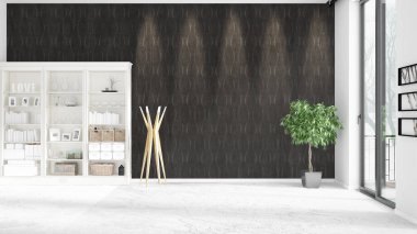 Modern iç raf ve boşaltmak yatay düzenleme ile modaya uygun. 3D render.