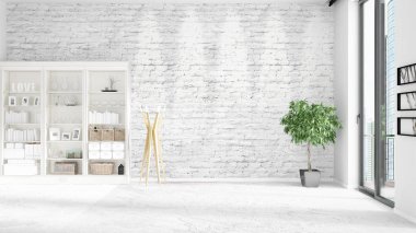 Modern iç raf ve boşaltmak yatay düzenleme ile modaya uygun. 3D render.