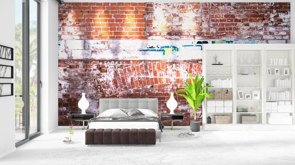 Scéna z zbrusu nový interiér v módě s bílými stojan, moderní postele. 3D ilustrace, 3d vykreslování. Horizontální uspořádání. — Stock fotografie