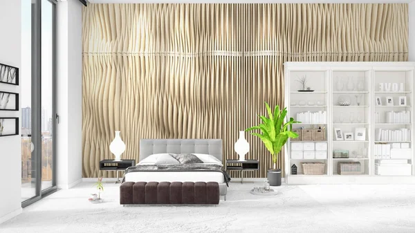Escena de nuevo interior en boga con estante blanco, cama moderna. Ilustración 3D, representación 3D. Disposición horizontal . —  Fotos de Stock