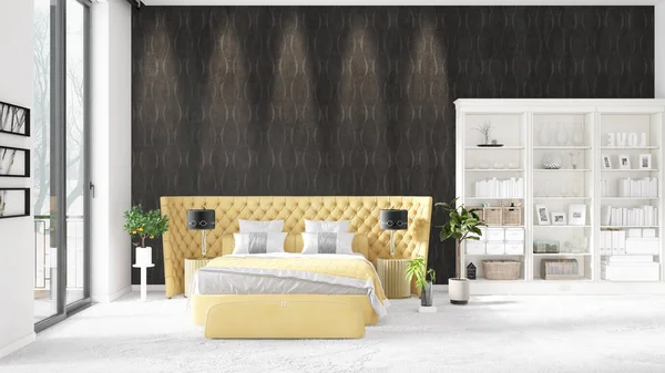 Scen med helt ny inredning med vita rack och modern säng. 3D illustration och 3d-rendering. Horisontella arrangemang. — Stockfoto