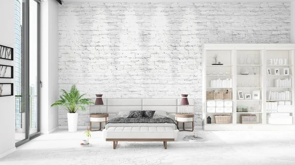 Scen med helt ny inredning med vita rack och modern säng. 3D illustration och 3d-rendering. Horisontella arrangemang. — Stockfoto