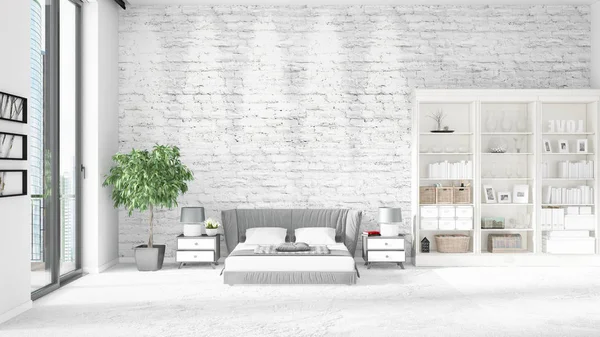 Adegan dengan interior baru dengan rak putih dan tempat tidur modern. Gambaran 3D, ilustrasi 3D. Pengaturan horisontal . — Stok Foto