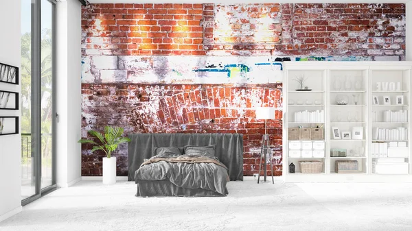 Scen med helt ny inredning med vita rack och modern säng. 3D-rendering, 3d illustration. Horisontella arrangemang. — Stockfoto