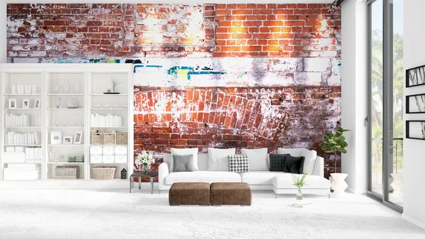 Moderna loft interiör i vogue med vit soffa och copyspace i horisontella arrangemang. 3D-rendering. — Stockfoto
