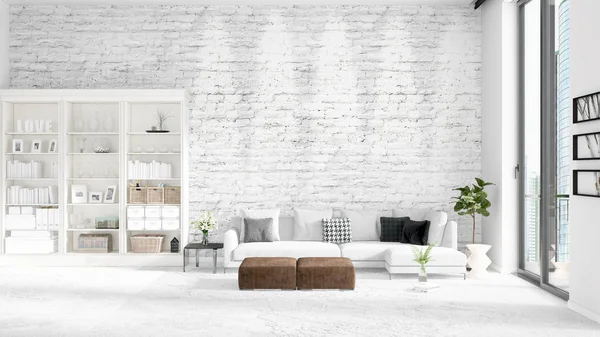 Intérieur loft moderne en vogue avec canapé blanc et copyspace en disposition horizontale. rendu 3D . — Photo