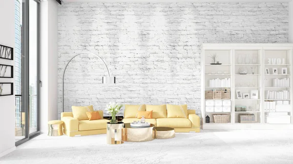 Adegan dengan interior dalam mode dengan rak putih dan sofa kuning. Gambaran 3D, ilustrasi 3D. Pengaturan horisontal . — Stok Foto