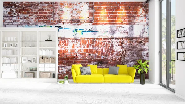 Сцена с интерьером в моде с белой стойкой и желтым диваном. 3D рендеринг, 3D иллюстрация. Горизонтальное расположение . — стоковое фото