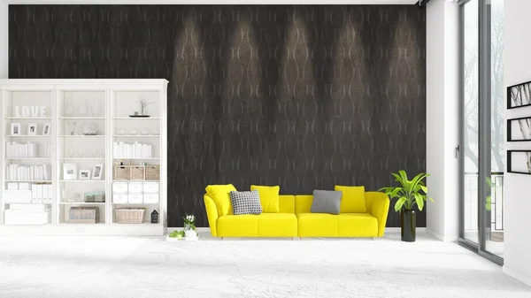 Сцена с интерьером в моде с белой стойкой и желтым диваном. 3D рендеринг, 3D иллюстрация. Горизонтальное расположение . — стоковое фото