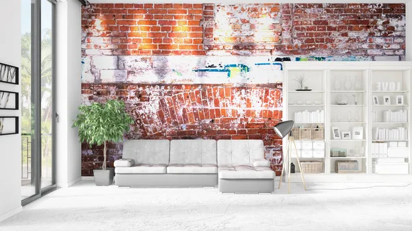Interior moderno em voga com sofá branco e copyspace em arranjo horizontal. Renderização 3D . — Fotografia de Stock